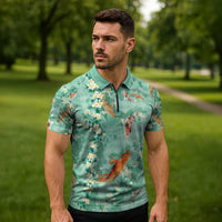 Green Palaka Hawaiian And Japanese Zipper Polo Shirt Sakura Lei With Koi Fish - Polynesian Pride