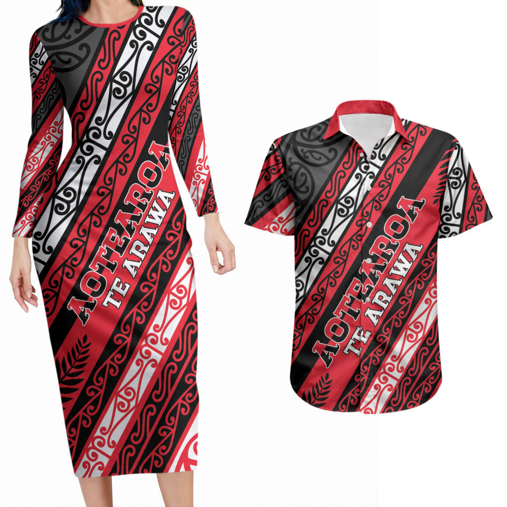 Personalised Aotearoa Te Arawa Couples Matching Long Sleeve Bodycon Dress and Hawaiian Shirt New Zealand Maori Tribal Fern Pattern DT05 Red - Polynesian Pride
