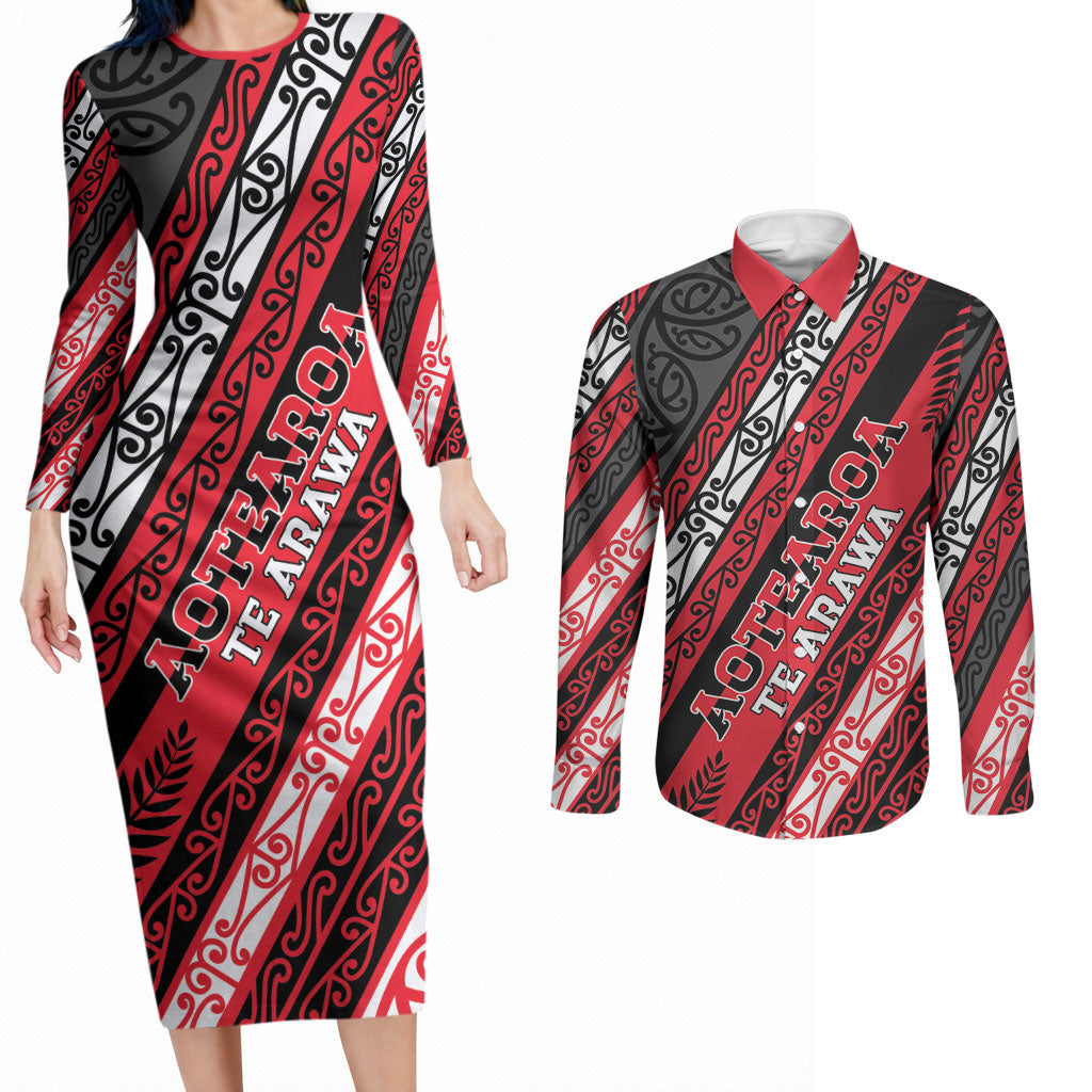 Personalised Aotearoa Te Arawa Couples Matching Long Sleeve Bodycon Dress and Long Sleeve Button Shirt New Zealand Maori Tribal Fern Pattern DT05 Red - Polynesian Pride