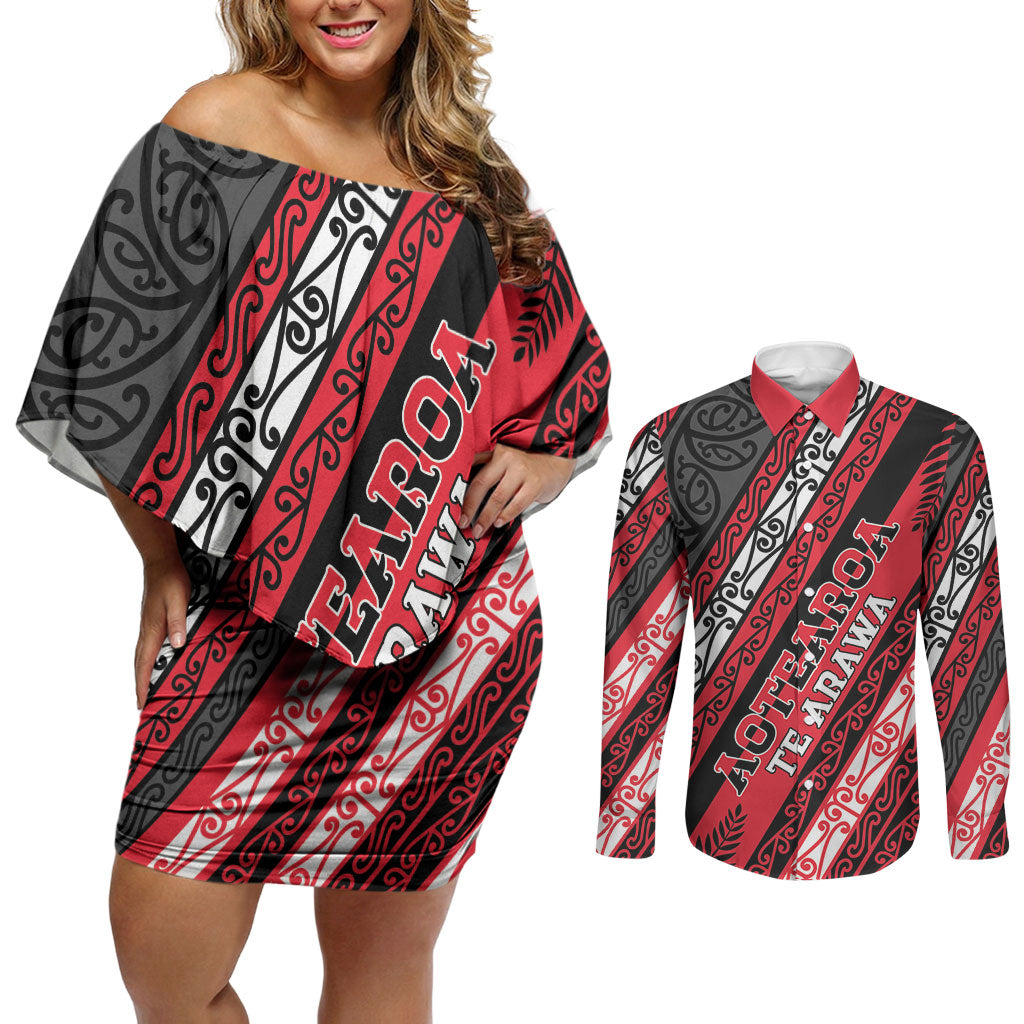 Personalised Aotearoa Te Arawa Couples Matching Off Shoulder Short Dress and Long Sleeve Button Shirt New Zealand Maori Tribal Fern Pattern
