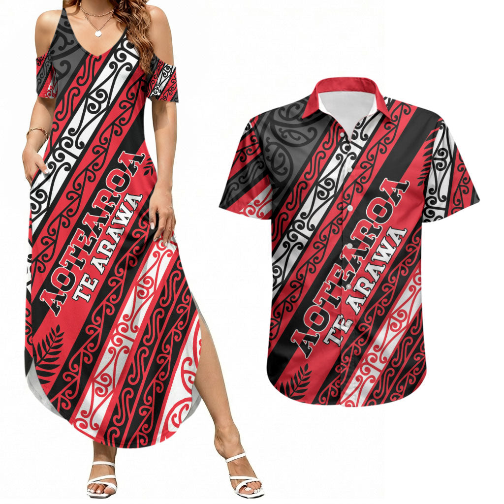 Personalised Aotearoa Te Arawa Couples Matching Summer Maxi Dress and Hawaiian Shirt New Zealand Maori Tribal Fern Pattern
