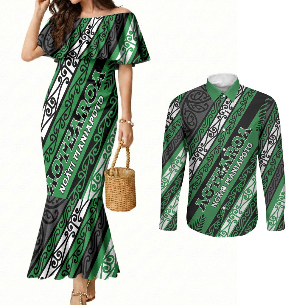 Personalised Aotearoa Ngati Maniapoto Couples Matching Mermaid Dress and Long Sleeve Button Shirt New Zealand Maori Tribal Fern Pattern
