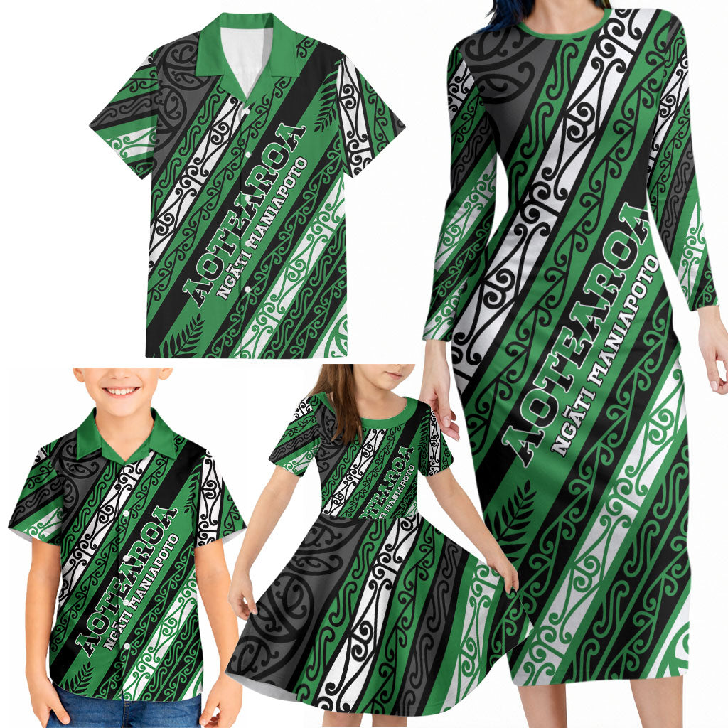 Personalised Aotearoa Ngati Maniapoto Family Matching Long Sleeve Bodycon Dress and Hawaiian Shirt New Zealand Maori Tribal Fern Pattern DT05 - Polynesian Pride