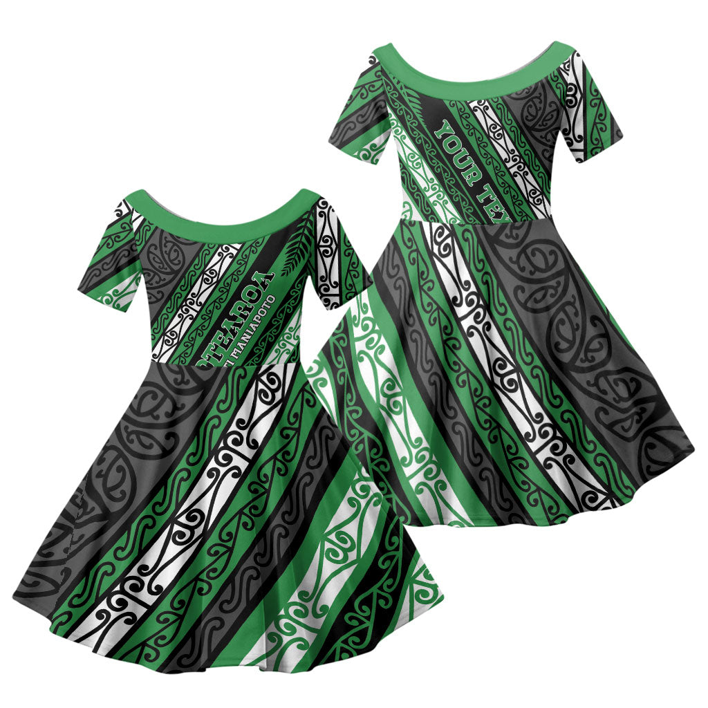 Personalised Aotearoa Ngati Maniapoto Family Matching Off The Shoulder Long Sleeve Dress and Hawaiian Shirt New Zealand Maori Tribal Fern Pattern
