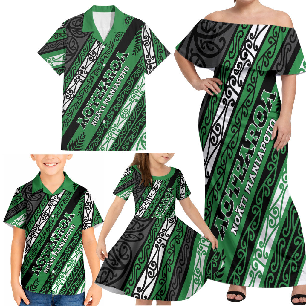 Personalised Aotearoa Ngati Maniapoto Family Matching Off Shoulder Maxi Dress and Hawaiian Shirt New Zealand Maori Tribal Fern Pattern DT05 - Polynesian Pride