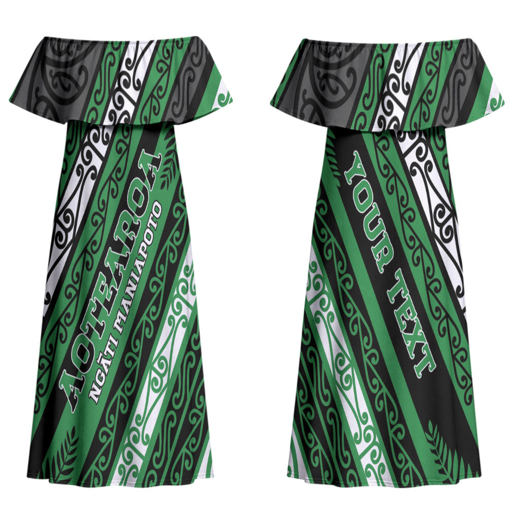 Personalised Aotearoa Ngati Maniapoto Family Matching Off Shoulder Maxi Dress and Hawaiian Shirt New Zealand Maori Tribal Fern Pattern