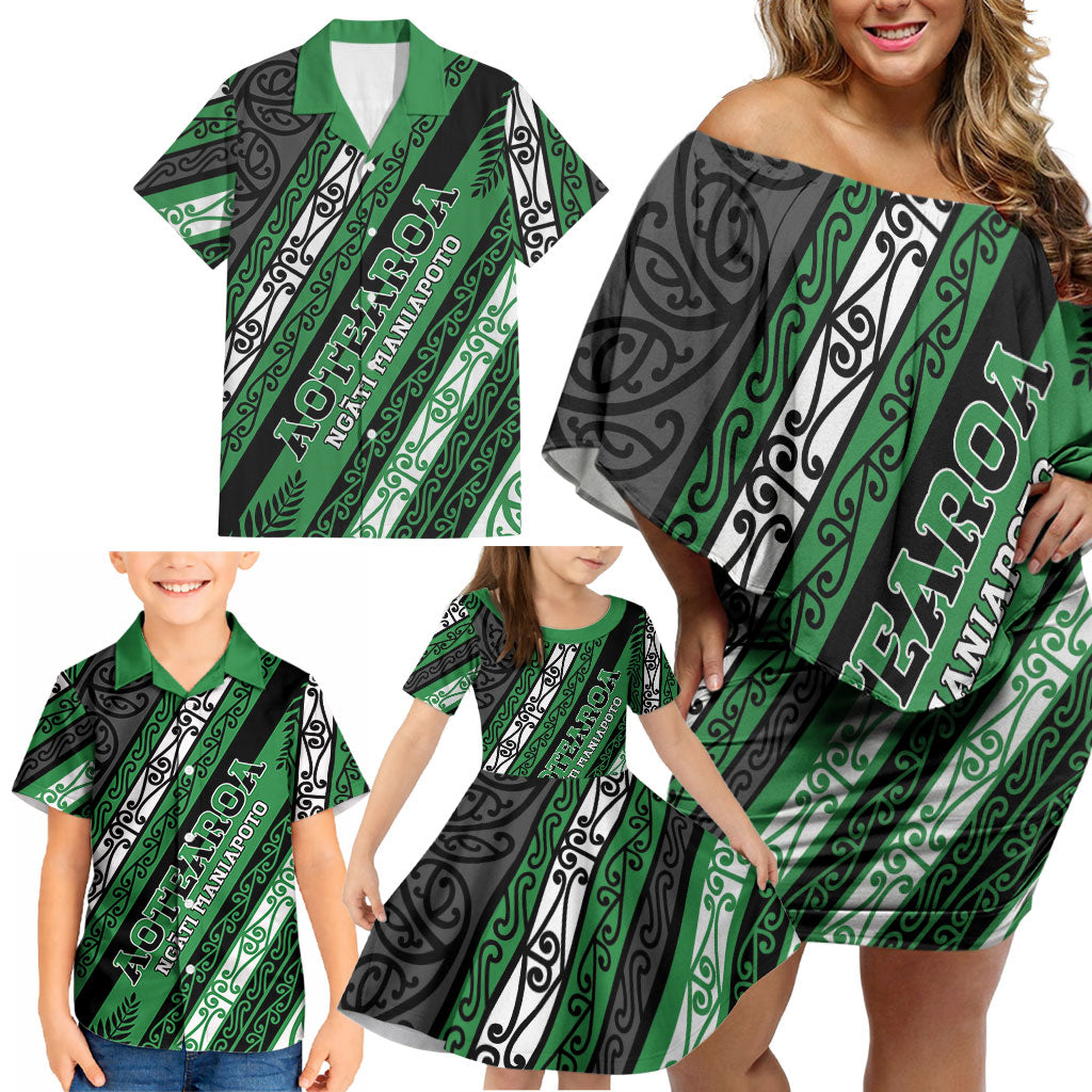 Personalised Aotearoa Ngati Maniapoto Family Matching Off Shoulder Short Dress and Hawaiian Shirt New Zealand Maori Tribal Fern Pattern