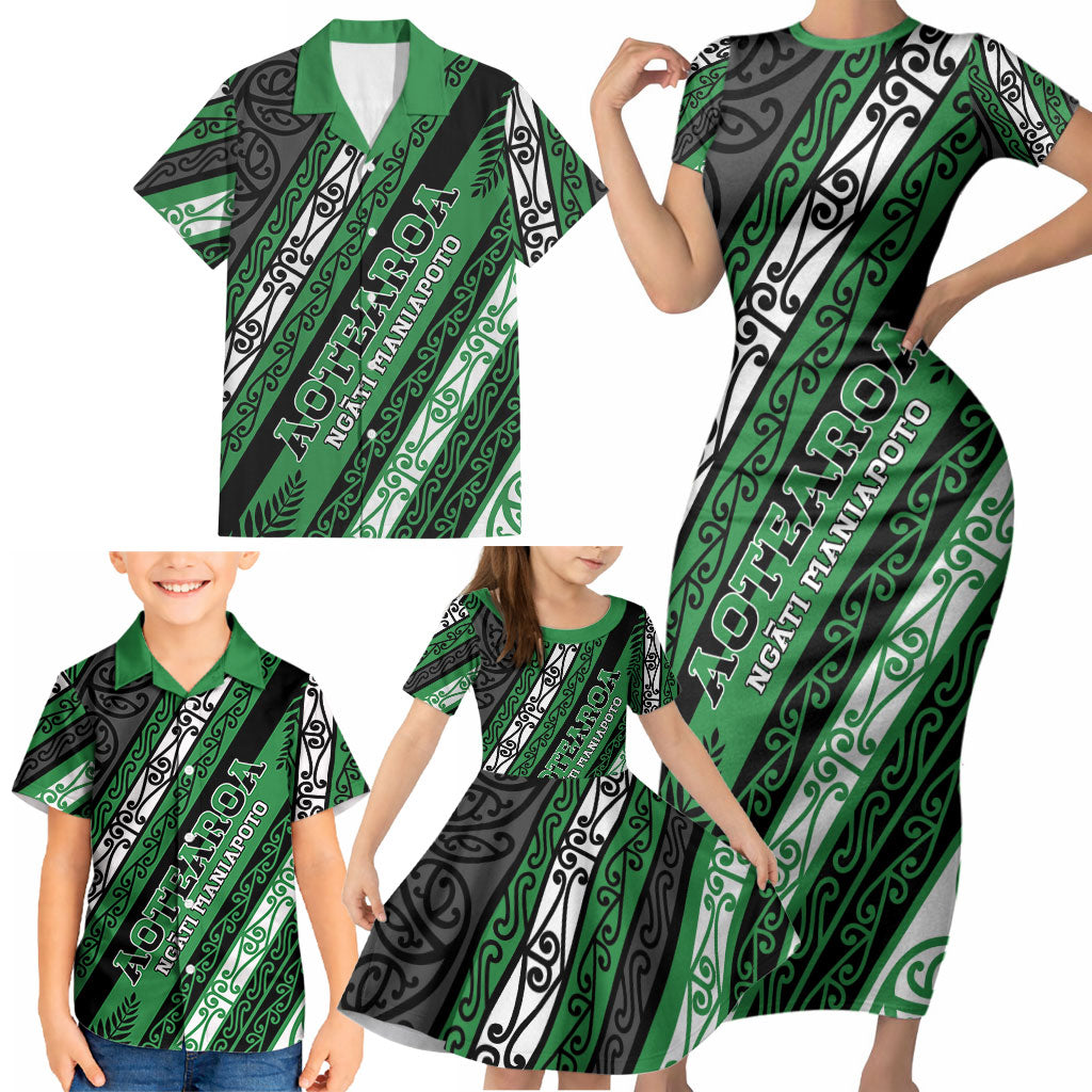 Personalised Aotearoa Ngati Maniapoto Family Matching Short Sleeve Bodycon Dress and Hawaiian Shirt New Zealand Maori Tribal Fern Pattern