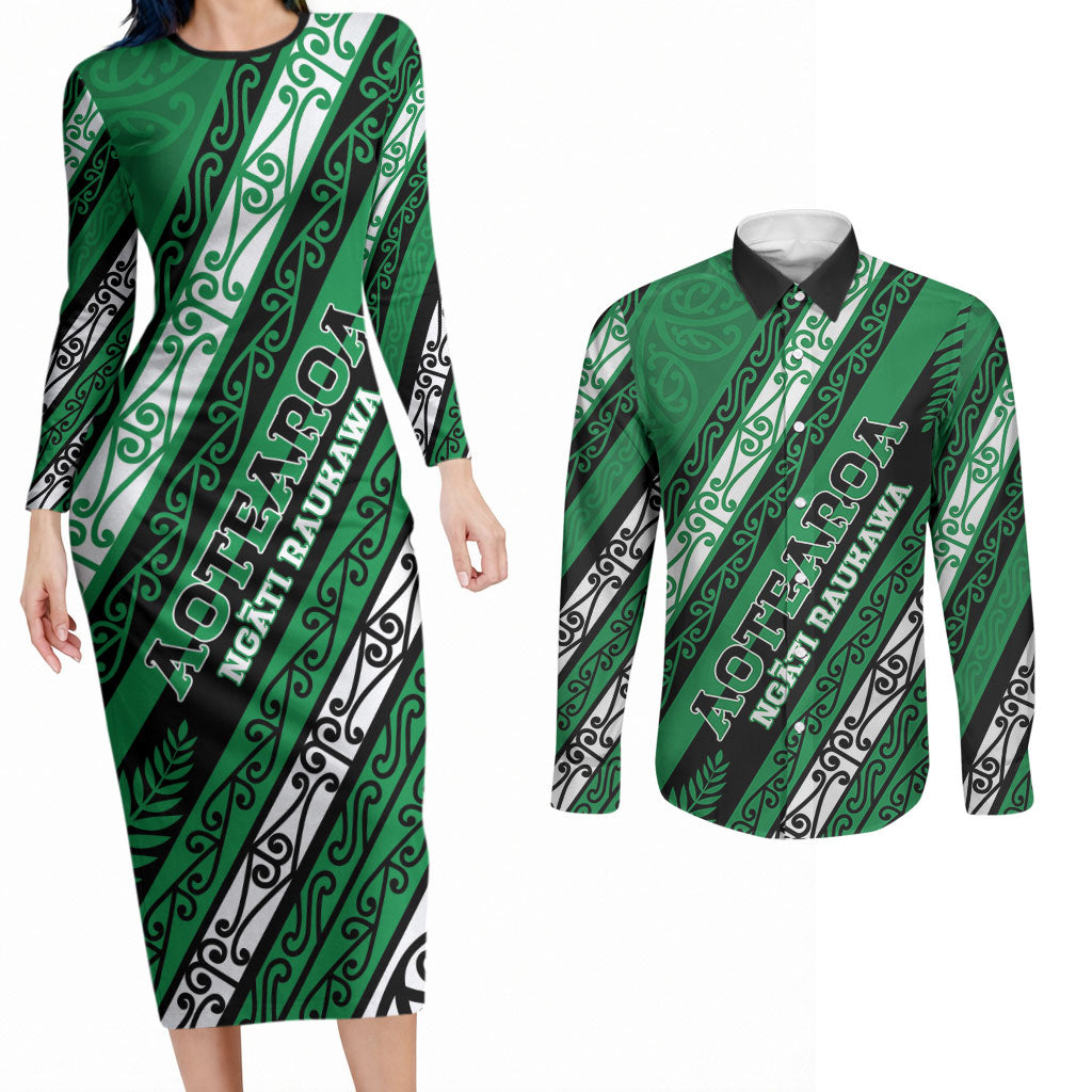 Personalised Aotearoa Ngati Raukawa Couples Matching Long Sleeve Bodycon Dress and Long Sleeve Button Shirt New Zealand Maori Tribal Fern Pattern