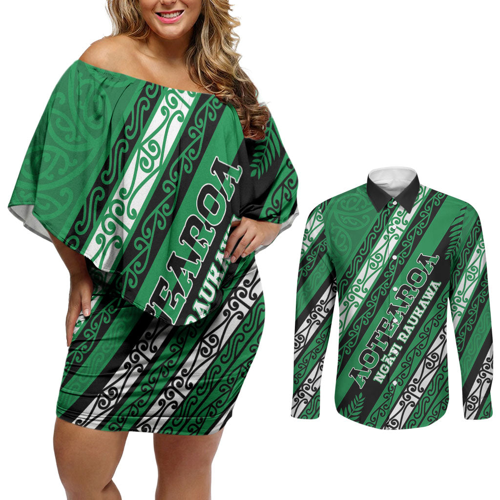 Personalised Aotearoa Ngati Raukawa Couples Matching Off Shoulder Short Dress and Long Sleeve Button Shirt New Zealand Maori Tribal Fern Pattern