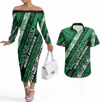 Personalised Aotearoa Ngati Raukawa Couples Matching Off The Shoulder Long Sleeve Dress and Hawaiian Shirt New Zealand Maori Tribal Fern Pattern