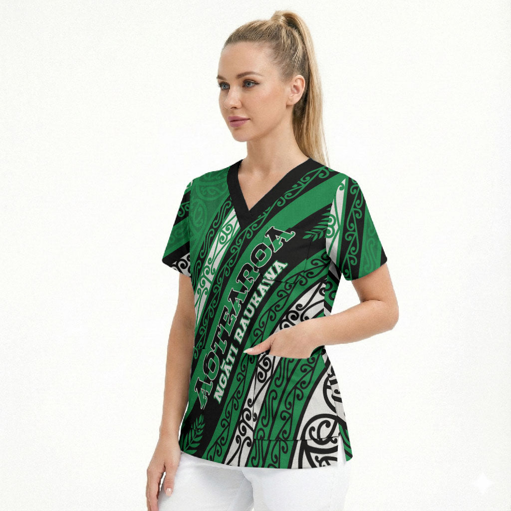 Personalised Aotearoa Ngati Raukawa Scrub Top New Zealand Maori Tribal Fern Pattern