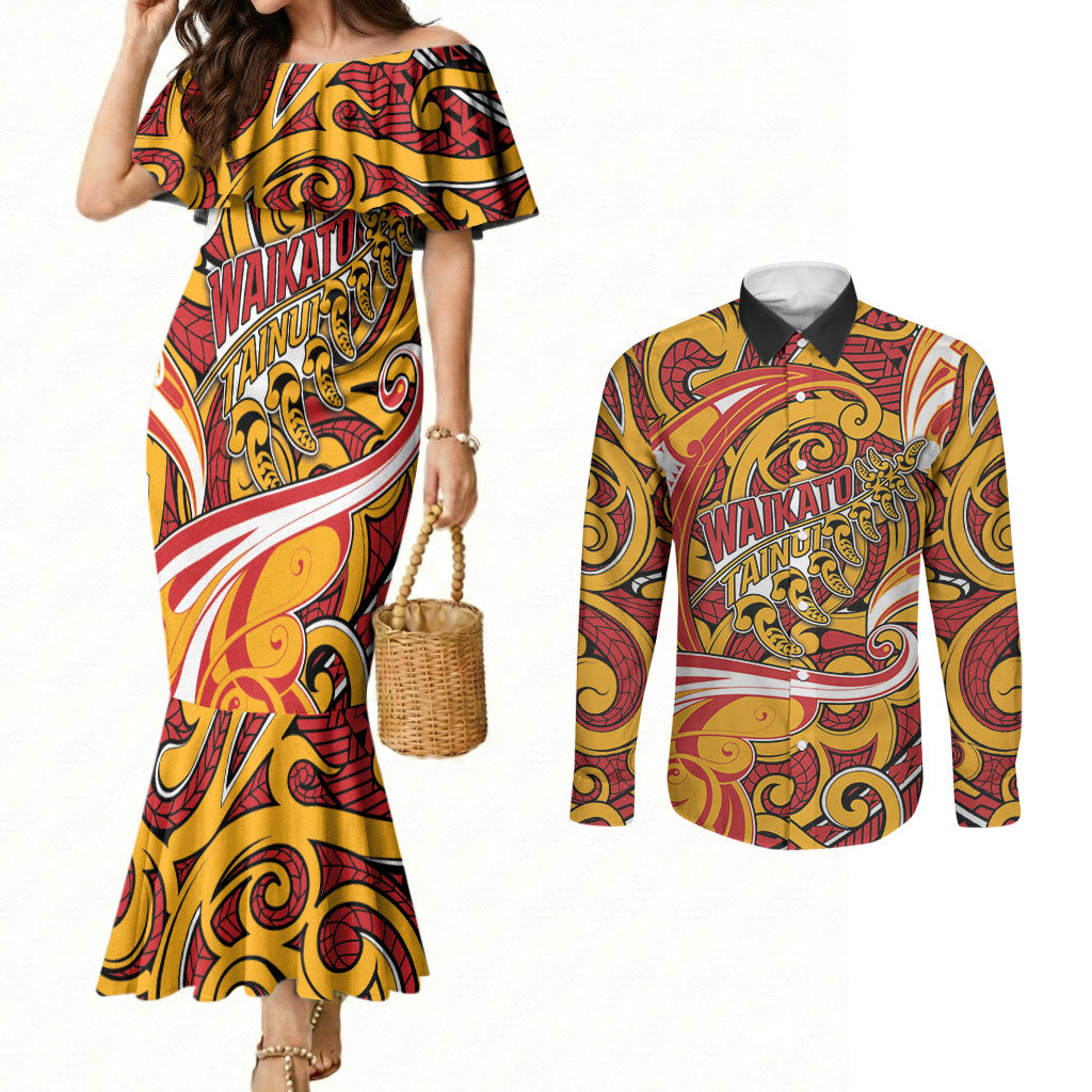 Custom Aotearoa Waikato Tainui Couples Matching Mermaid Dress and Long Sleeve Button Shirt Maori Tribal Pattern Koru Motif DT05 Yellow - Polynesian Pride