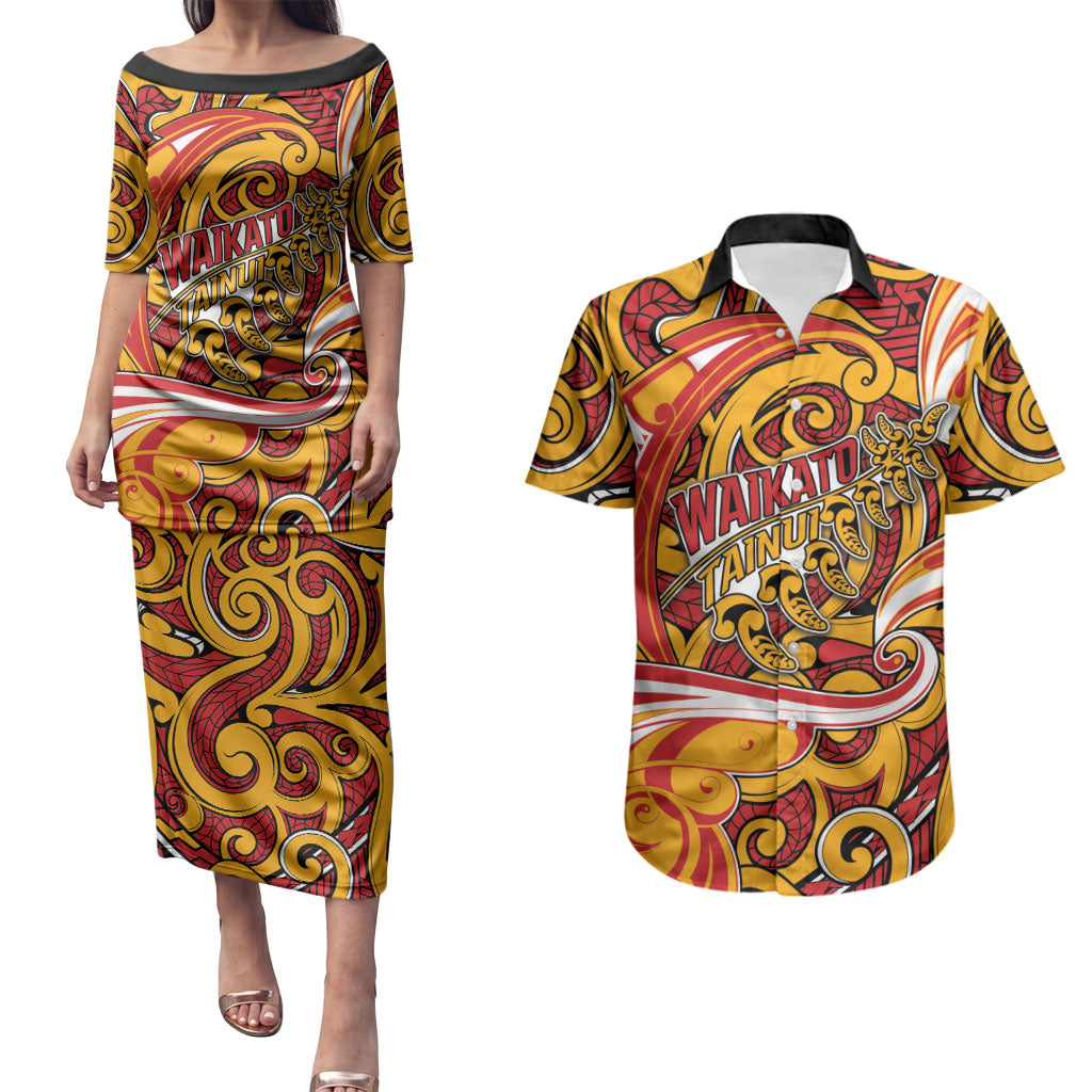 Custom Aotearoa Waikato Tainui Couples Matching Puletasi and Hawaiian Shirt Maori Tribal Pattern Koru Motif DT05 Yellow - Polynesian Pride