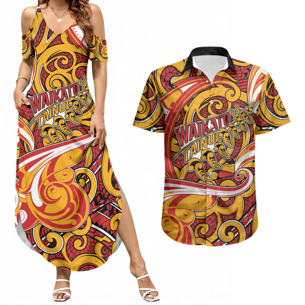 Custom Aotearoa Waikato Tainui Couples Matching Summer Maxi Dress and Hawaiian Shirt Maori Tribal Pattern Koru Motif