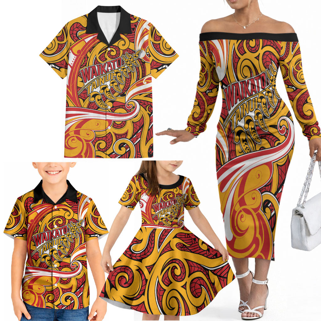Custom Aotearoa Waikato Tainui Family Matching Off The Shoulder Long Sleeve Dress and Hawaiian Shirt Maori Tribal Pattern Koru Motif DT05 - Polynesian Pride