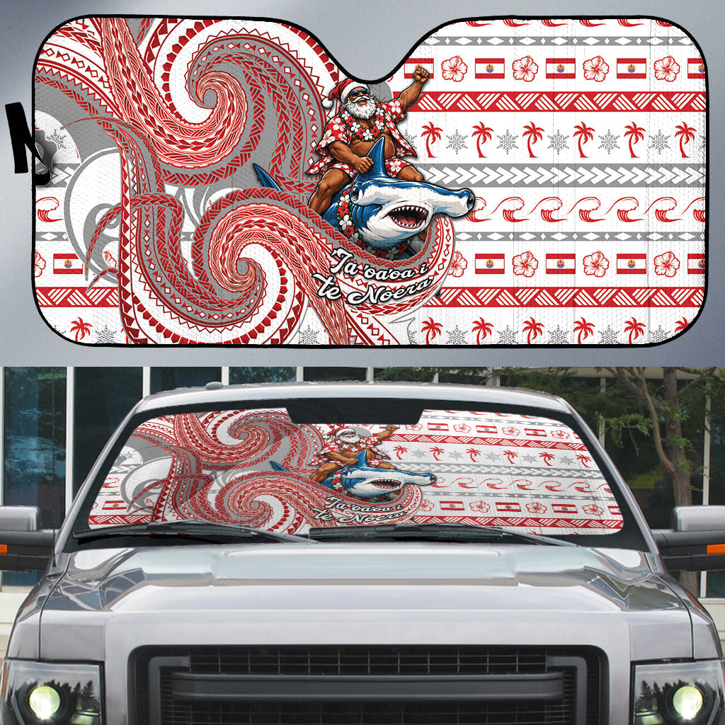 French Polynesian Christmas Auto Sun Shade Santa Riding Hammerhead Shark Tahitian