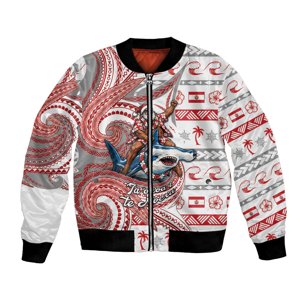 French Polynesian Christmas Bomber Jacket Santa Riding Hammerhead Shark Tahitian DT05 Unisex White - Polynesian Pride