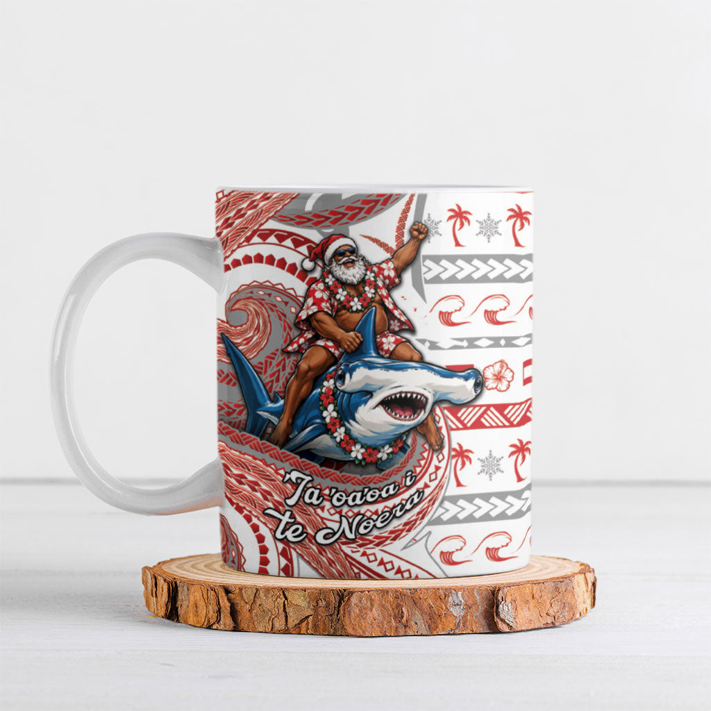 French Polynesian Christmas Ceramic Mug Santa Riding Hammerhead Shark Tahitian DT05 White - Polynesian Pride