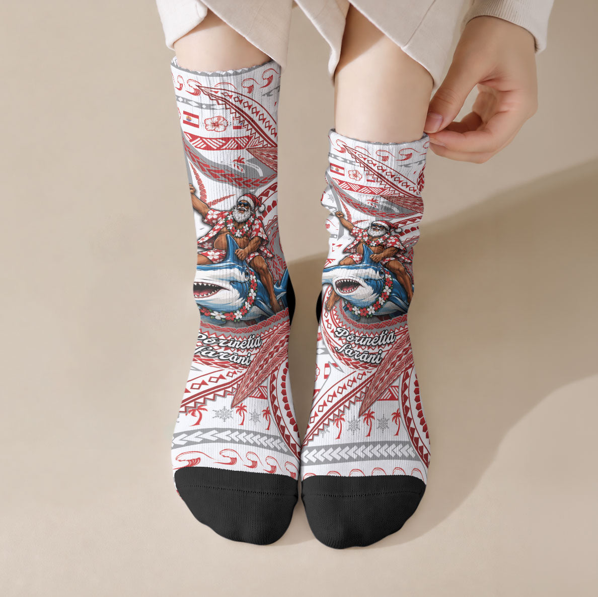 French Polynesian Christmas Crew Socks Santa Riding Hammerhead Shark Tahitian DT05 Crew Socks White - Polynesian Pride
