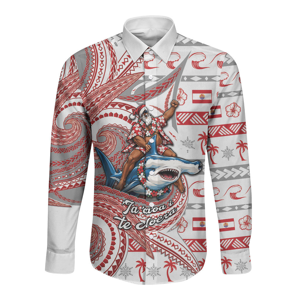 French Polynesian Christmas Long Sleeve Button Shirt Santa Riding Hammerhead Shark Tahitian