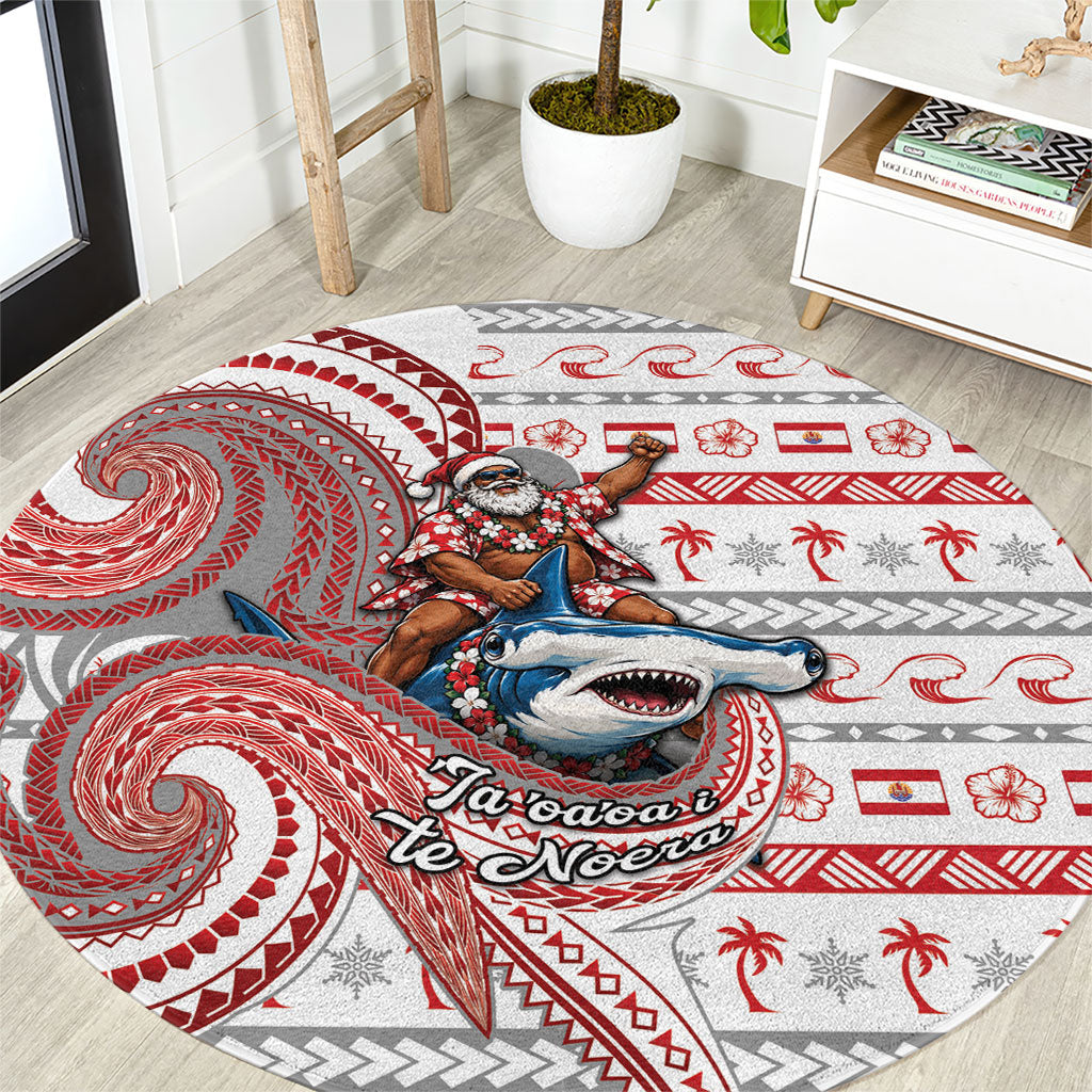 French Polynesian Christmas Round Carpet Santa Riding Hammerhead Shark Tahitian