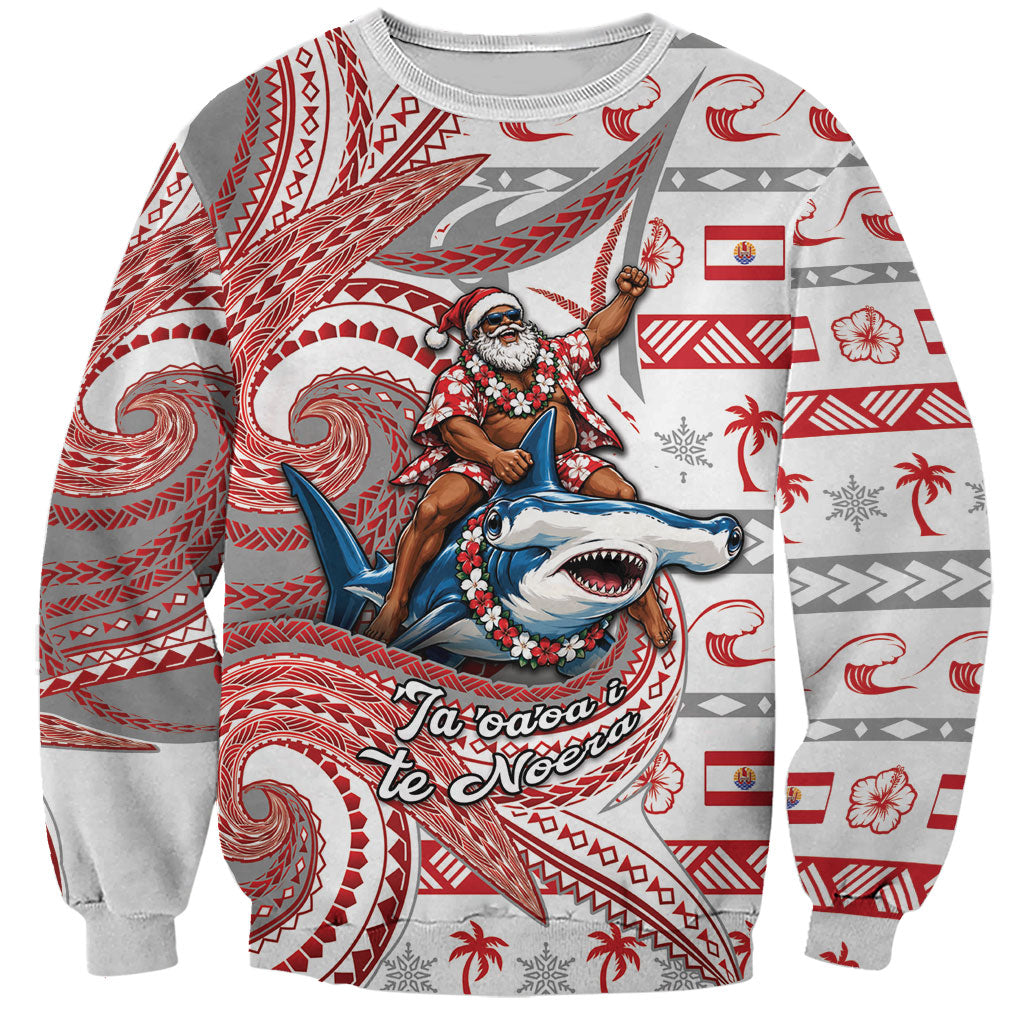 French Polynesian Christmas Sweatshirt Santa Riding Hammerhead Shark Tahitian