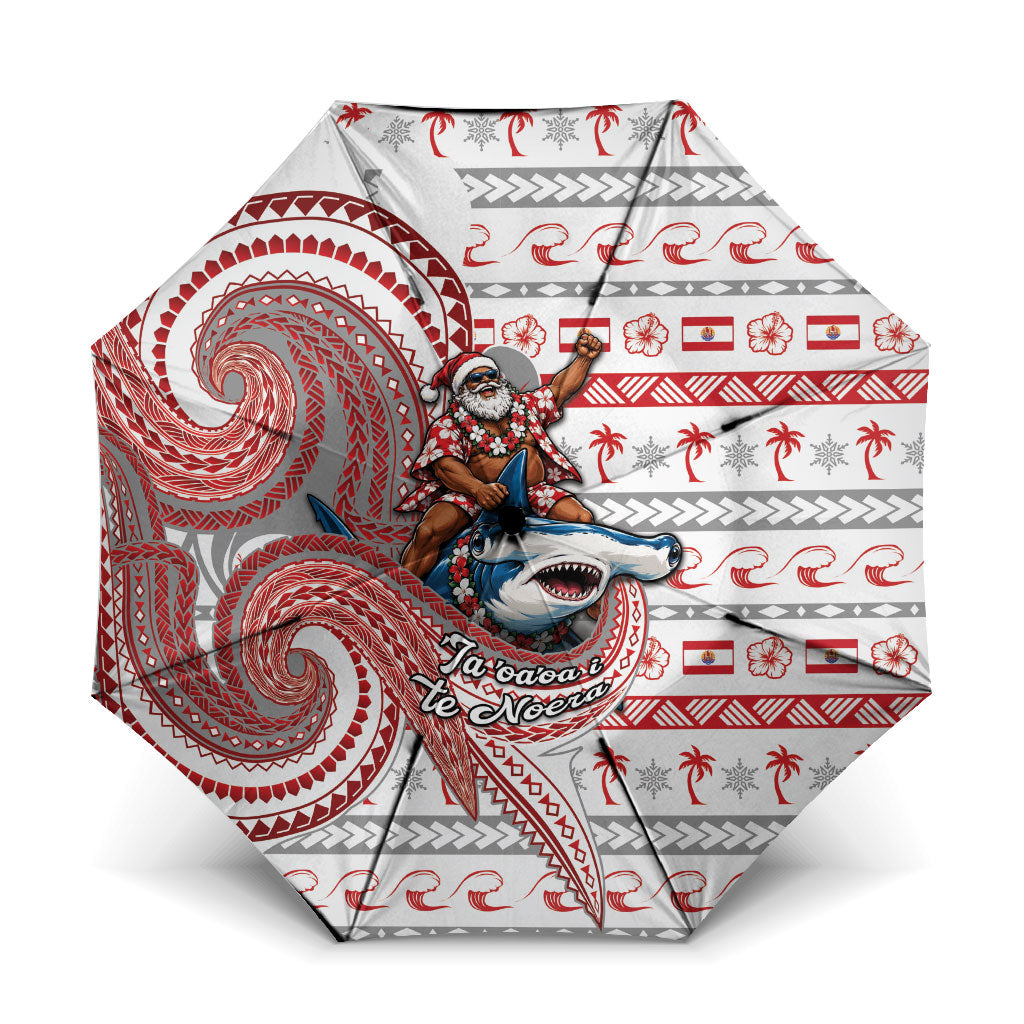 French Polynesian Christmas Umbrella Santa Riding Hammerhead Shark Tahitian DT05 One Size Folded 11.42 inch Opened Diameter 37.4 inch White - Polynesian Pride