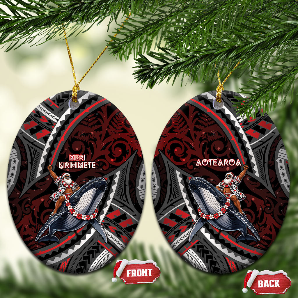 Aotearoa Christmas Ceramic Ornament Santa Riding Humpback Whale Maori Koru DT05 Oval Red - Polynesian Pride