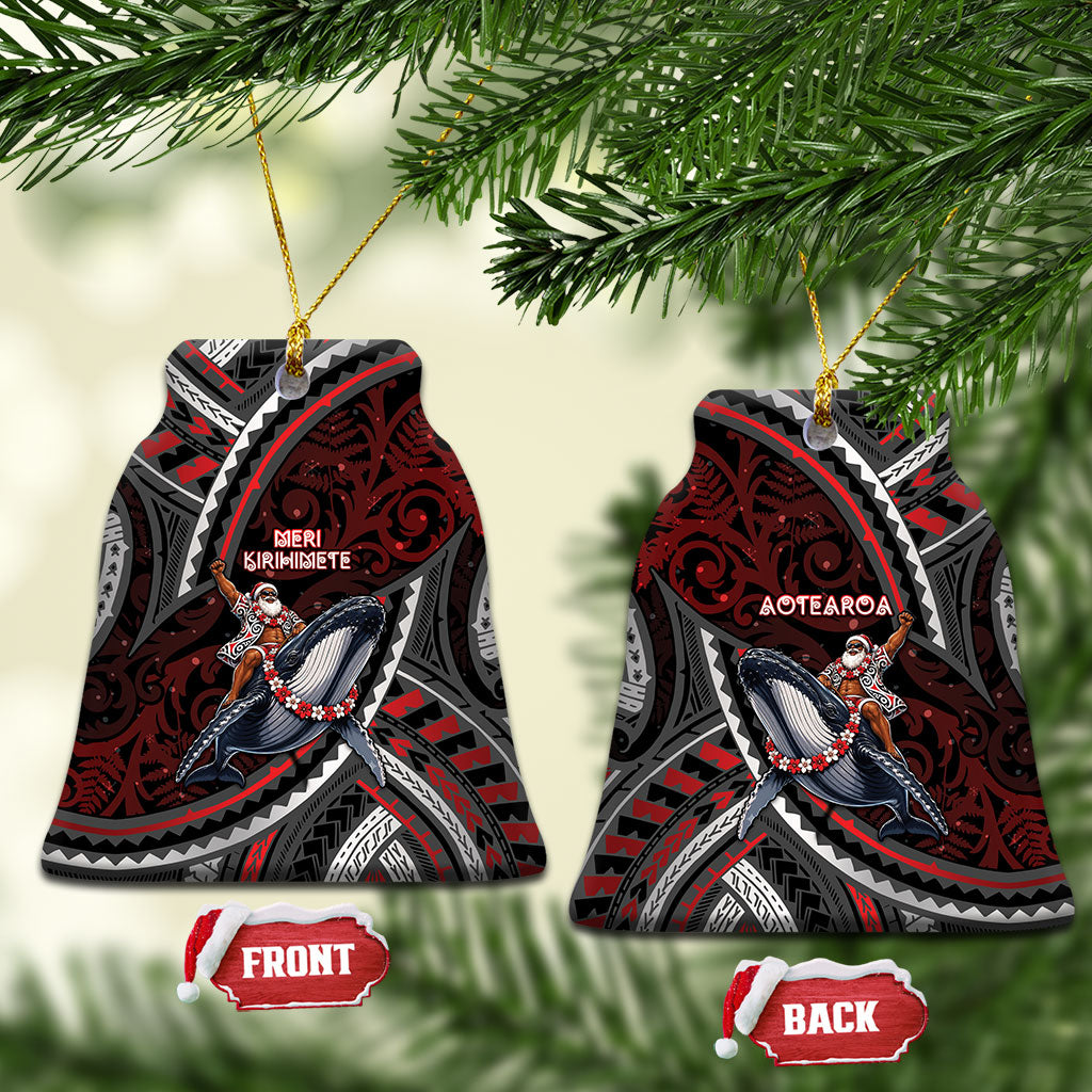 Aotearoa Christmas Ceramic Ornament Santa Riding Humpback Whale Maori Koru DT05 Bell Flake Red - Polynesian Pride