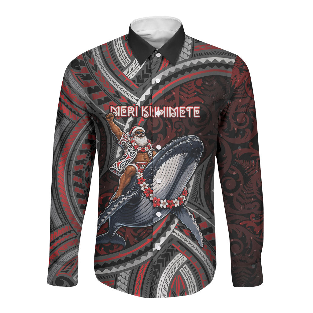 Aotearoa Christmas Long Sleeve Button Shirt Santa Riding Humpback Whale Maori Koru DT05 Unisex Red - Polynesian Pride