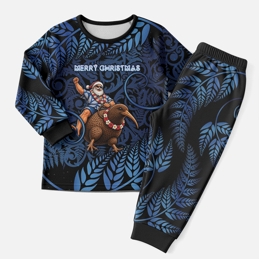 New Zealand Christmas Pajama Set Santa Riding Kiwi Bird Silver Fern