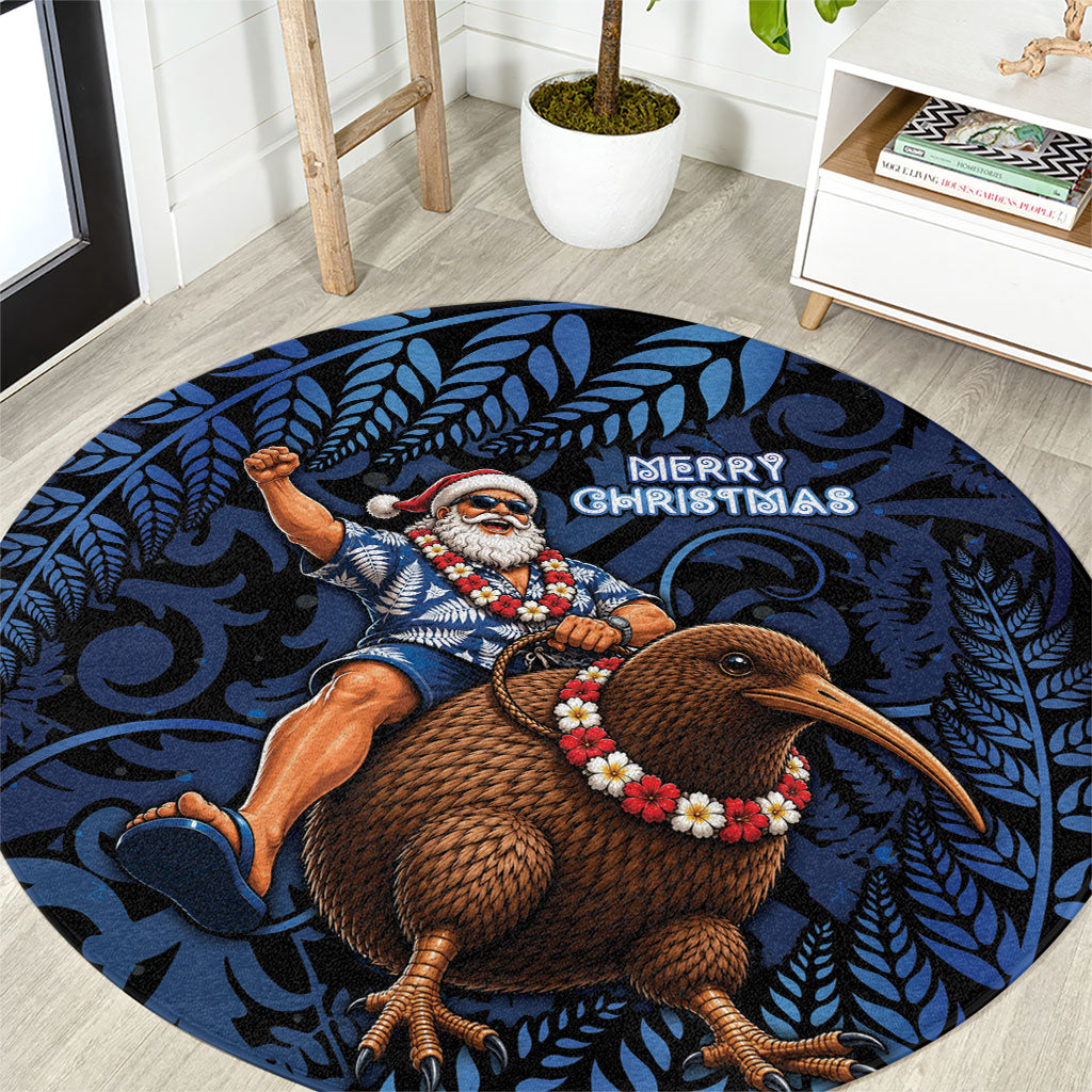 New Zealand Christmas Round Carpet Santa Riding Kiwi Bird Silver Fern