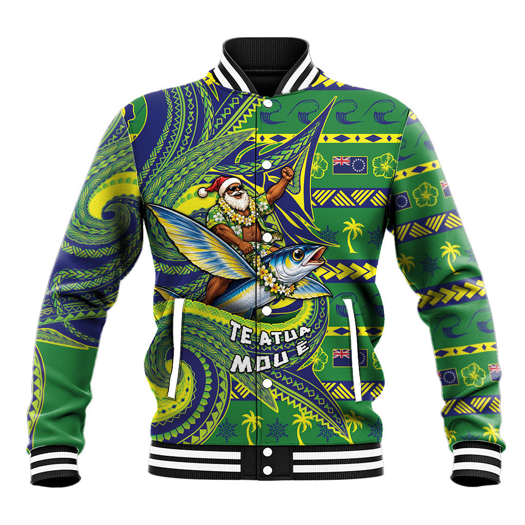 Cook Islands Christmas Baseball Jacket Santa Riding Flying Fish DT05 Unisex Green - Polynesian Pride