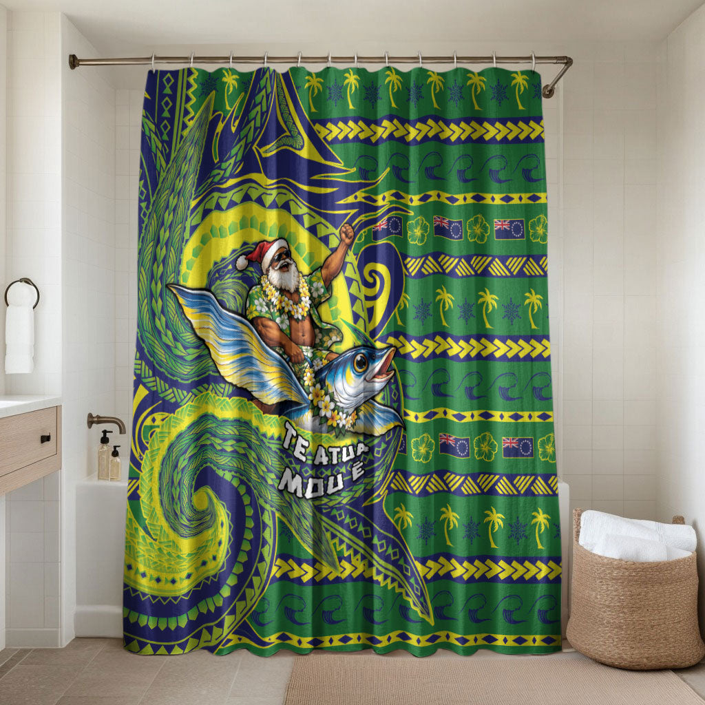 Cook Islands Christmas Bathroom Set Santa Riding Flying Fish DT05 Shower Curtain Only Green - Polynesian Pride