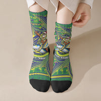 Cook Islands Christmas Crew Socks Santa Riding Flying Fish DT05 Crew Socks Green - Polynesian Pride