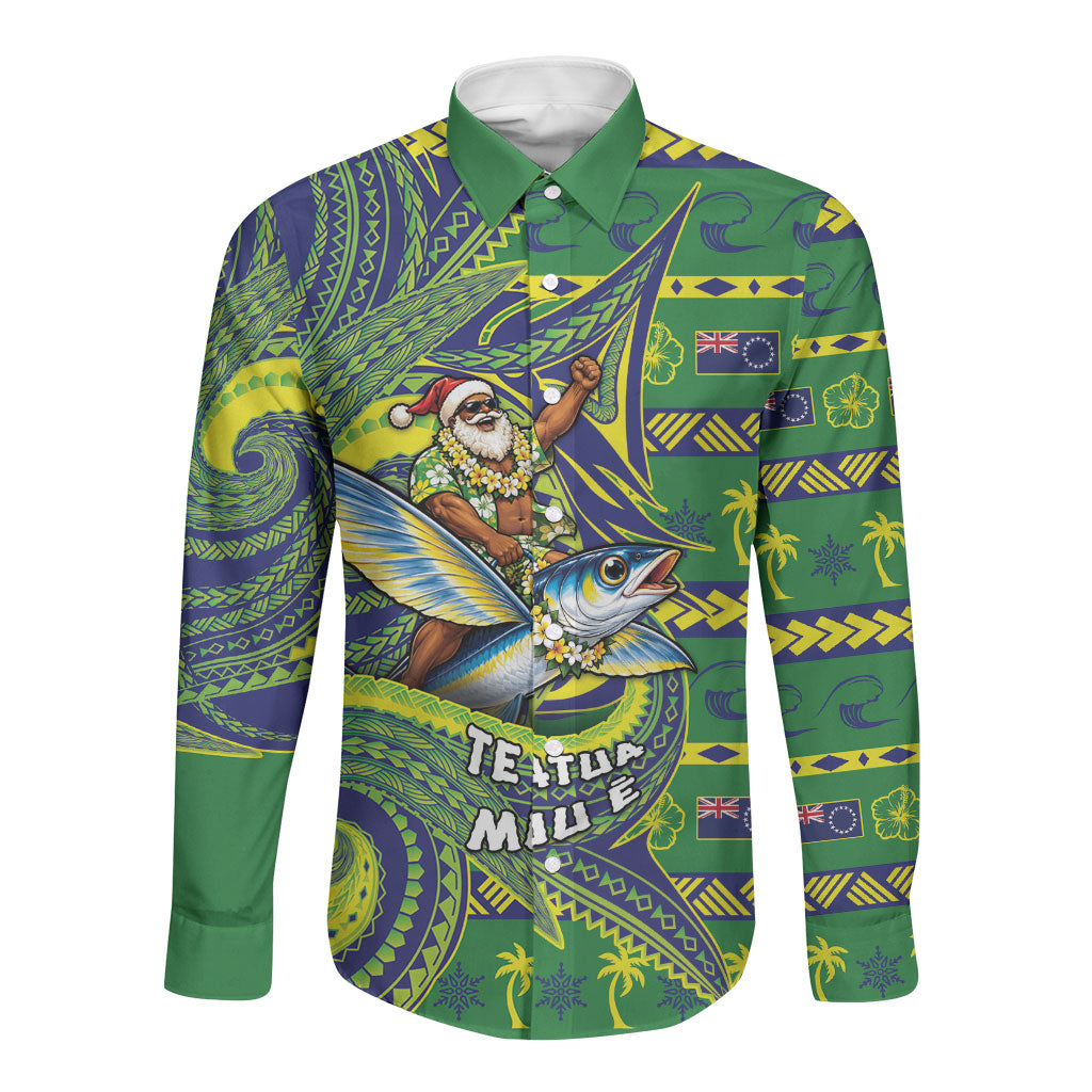 Cook Islands Christmas Long Sleeve Button Shirt Santa Riding Flying Fish