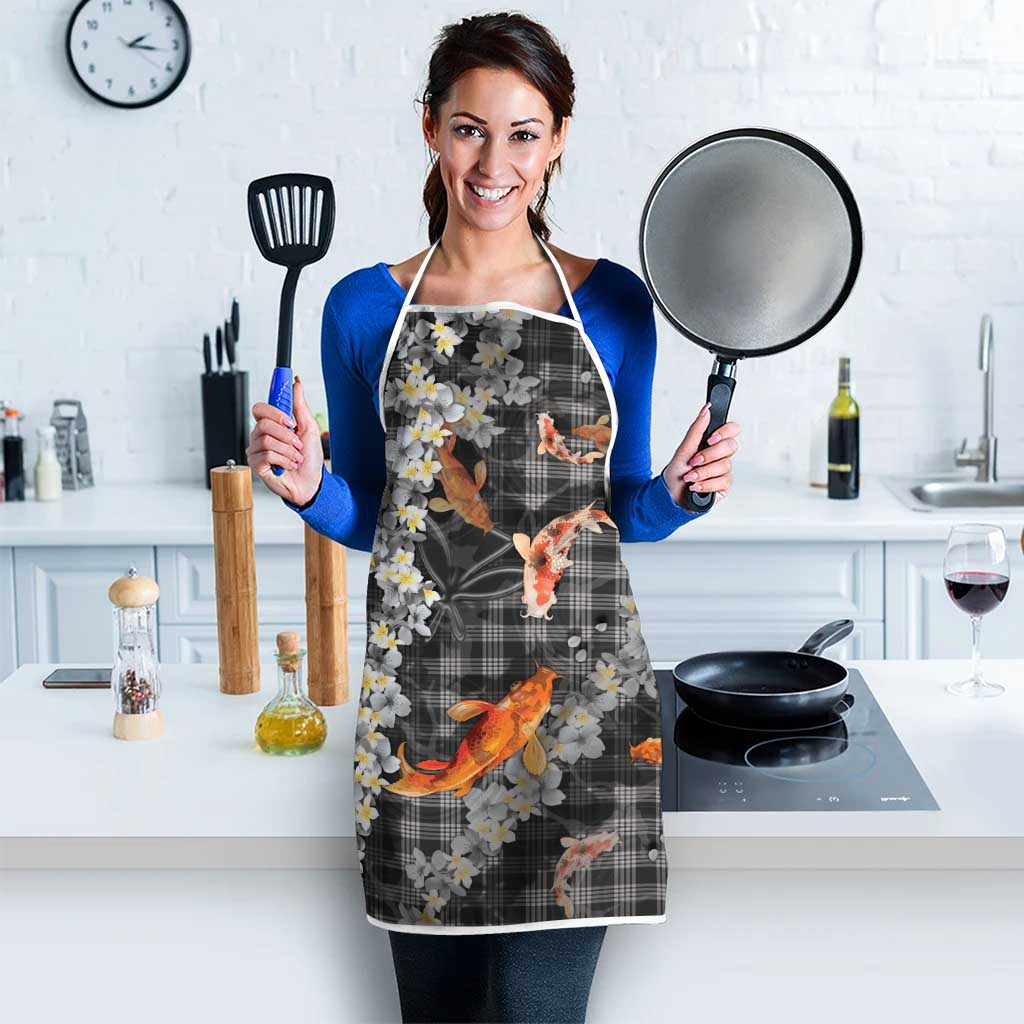 Black Palaka Hawaiian And Japanese Apron Sakura Lei With Koi Fish DT05 - Polynesian Pride