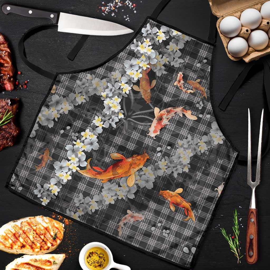 Black Palaka Hawaiian And Japanese Apron Sakura Lei With Koi Fish DT05 Black - Polynesian Pride