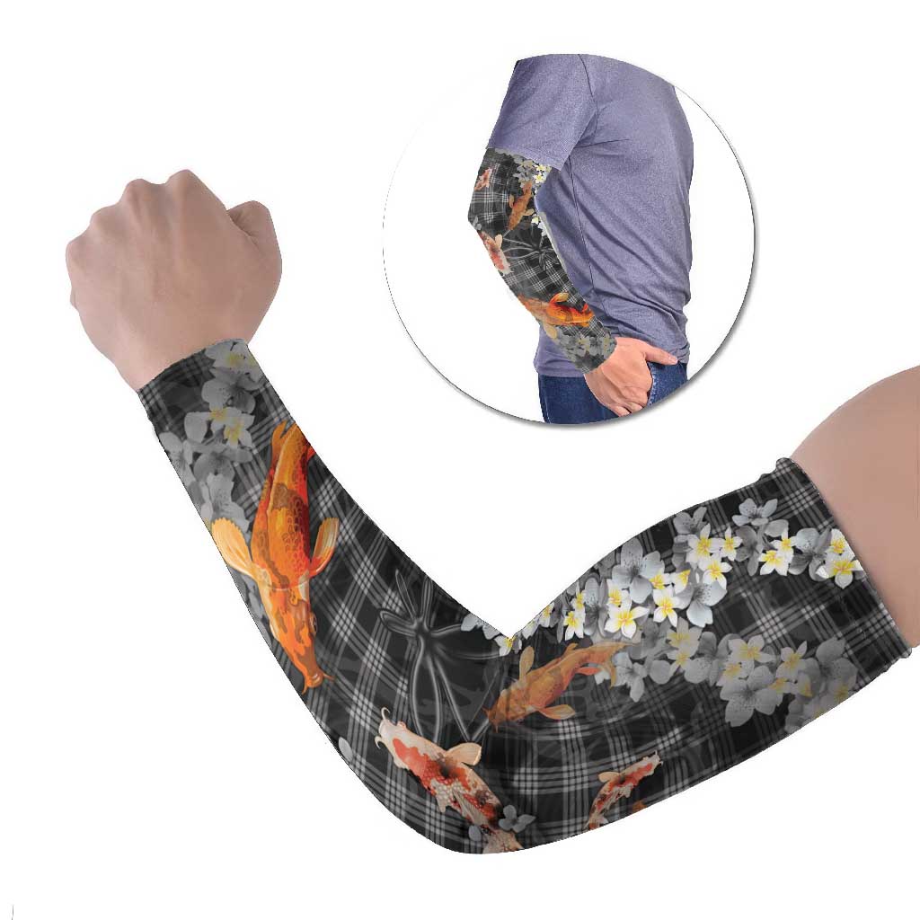Black Palaka Hawaiian And Japanese Arm Sleeves Sakura Lei With Koi Fish DT05 Set of 2 Black - Polynesian Pride