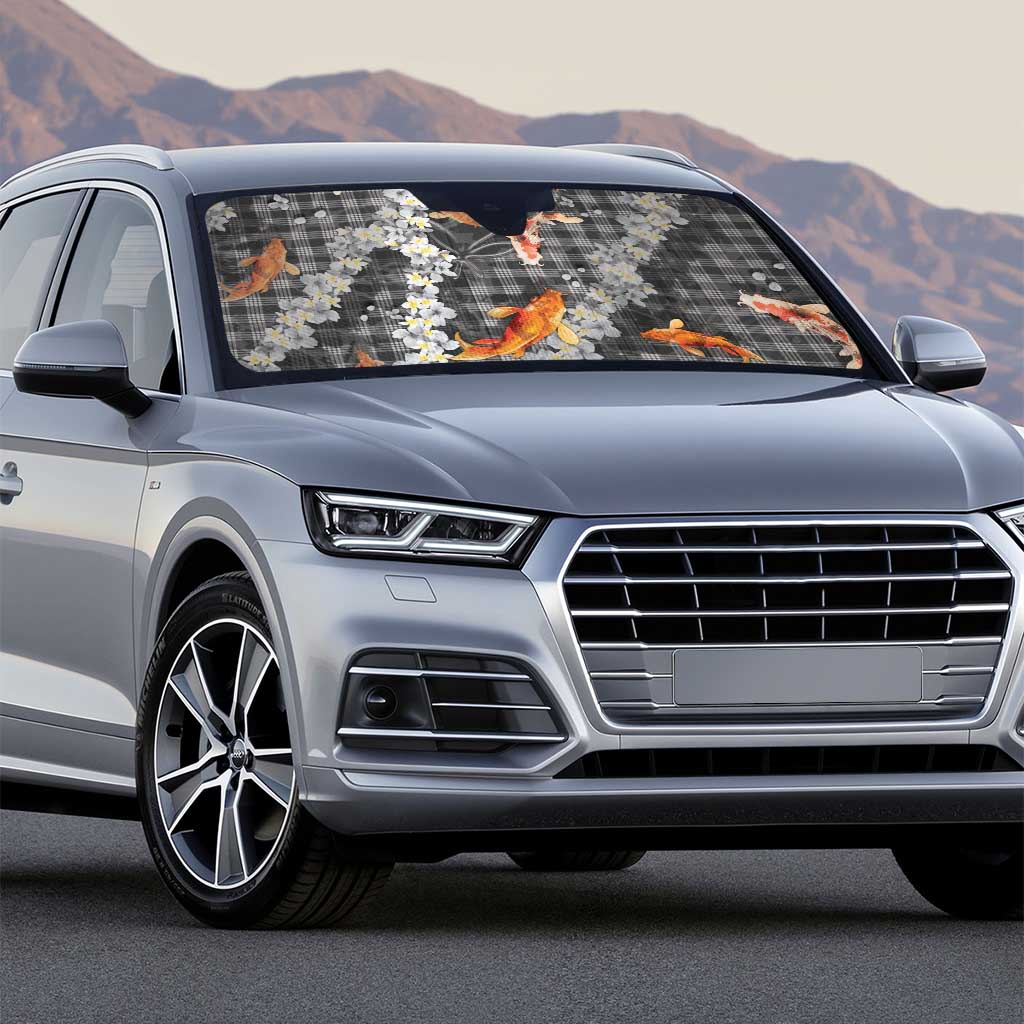 Black Palaka Hawaiian And Japanese Auto Sun Shade Sakura Lei With Koi Fish - Polynesian Pride