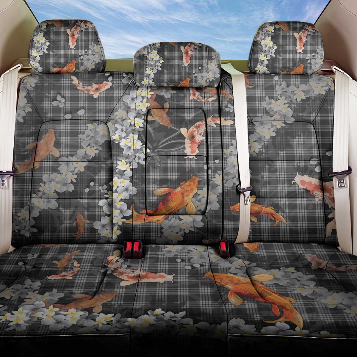 Black Palaka Hawaiian And Japanese Back Car Seat Cover Sakura Lei With Koi Fish DT05 One Size Black - Polynesian Pride
