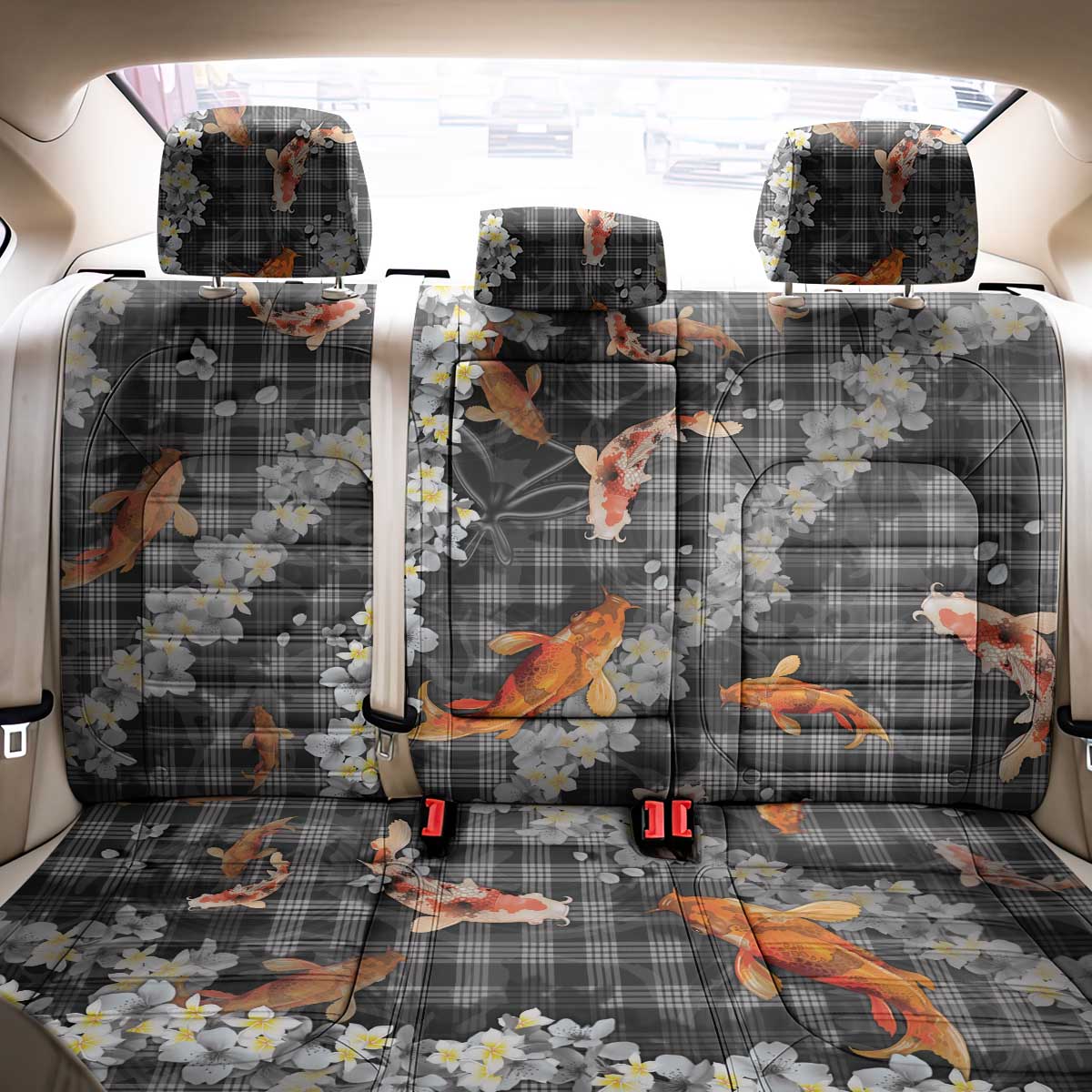 Black Palaka Hawaiian And Japanese Back Car Seat Cover Sakura Lei With Koi Fish DT05 - Polynesian Pride