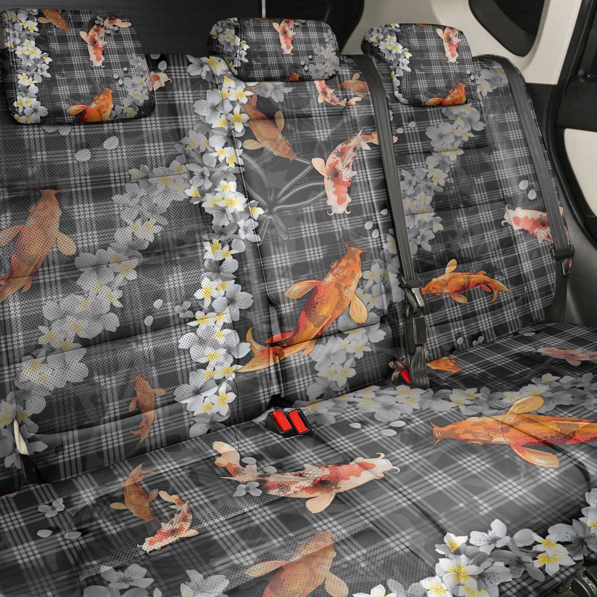 Black Palaka Hawaiian And Japanese Back Car Seat Cover Sakura Lei With Koi Fish DT05 - Polynesian Pride