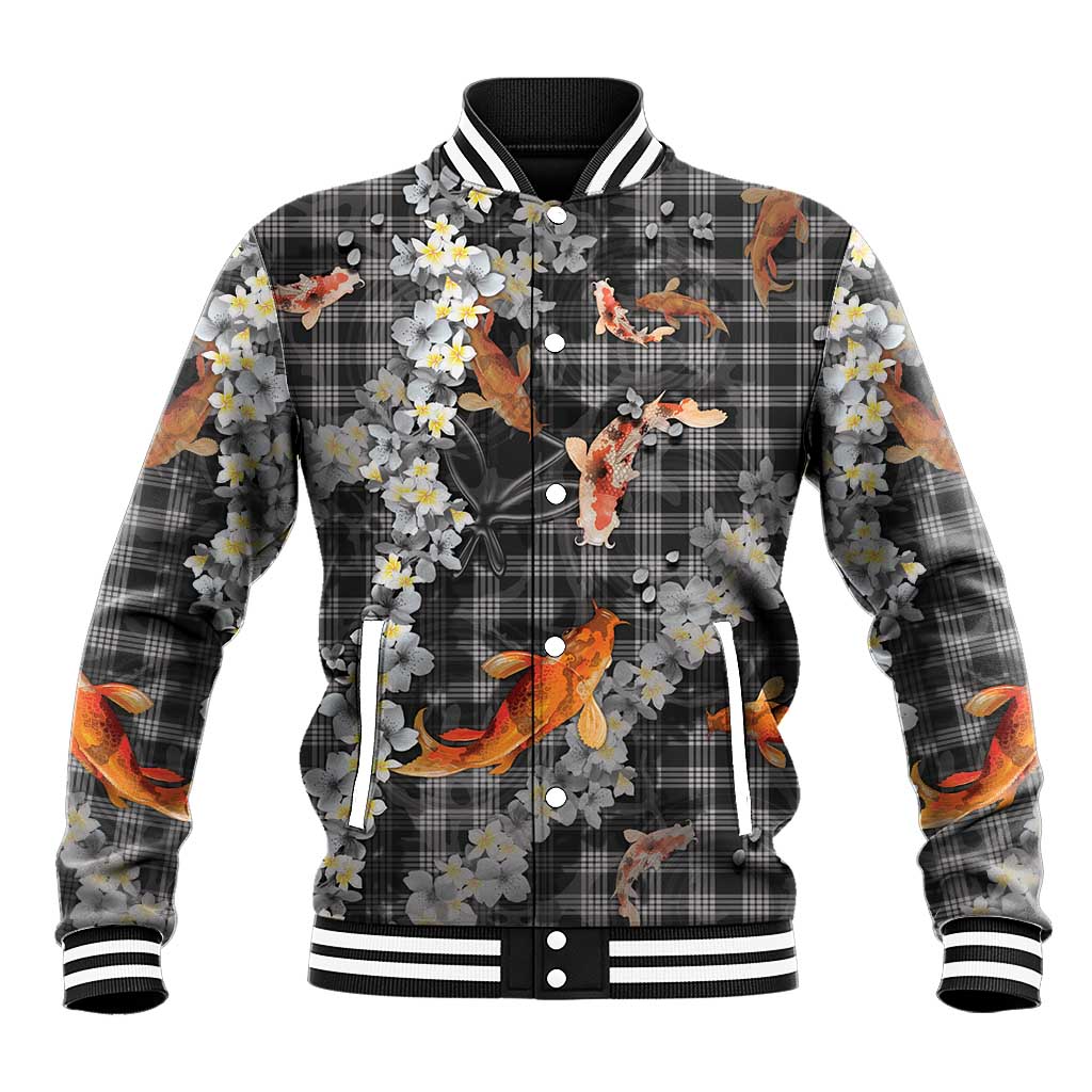 Black Palaka Hawaiian And Japanese Baseball Jacket Sakura Lei With Koi Fish DT05 Unisex Black - Polynesian Pride