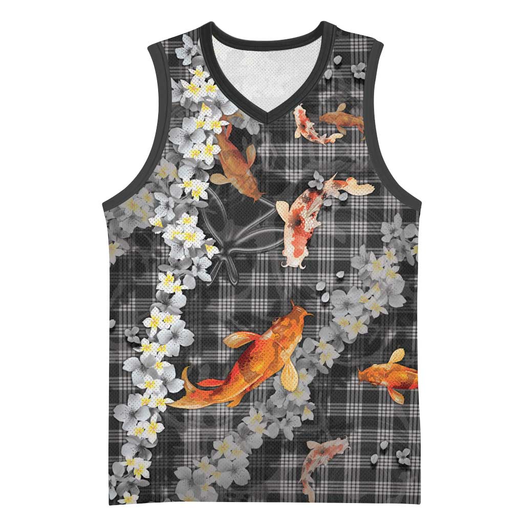 Black Palaka Hawaiian And Japanese Basketball Jersey Sakura Lei With Koi Fish DT05 Unisex Black - Polynesian Pride