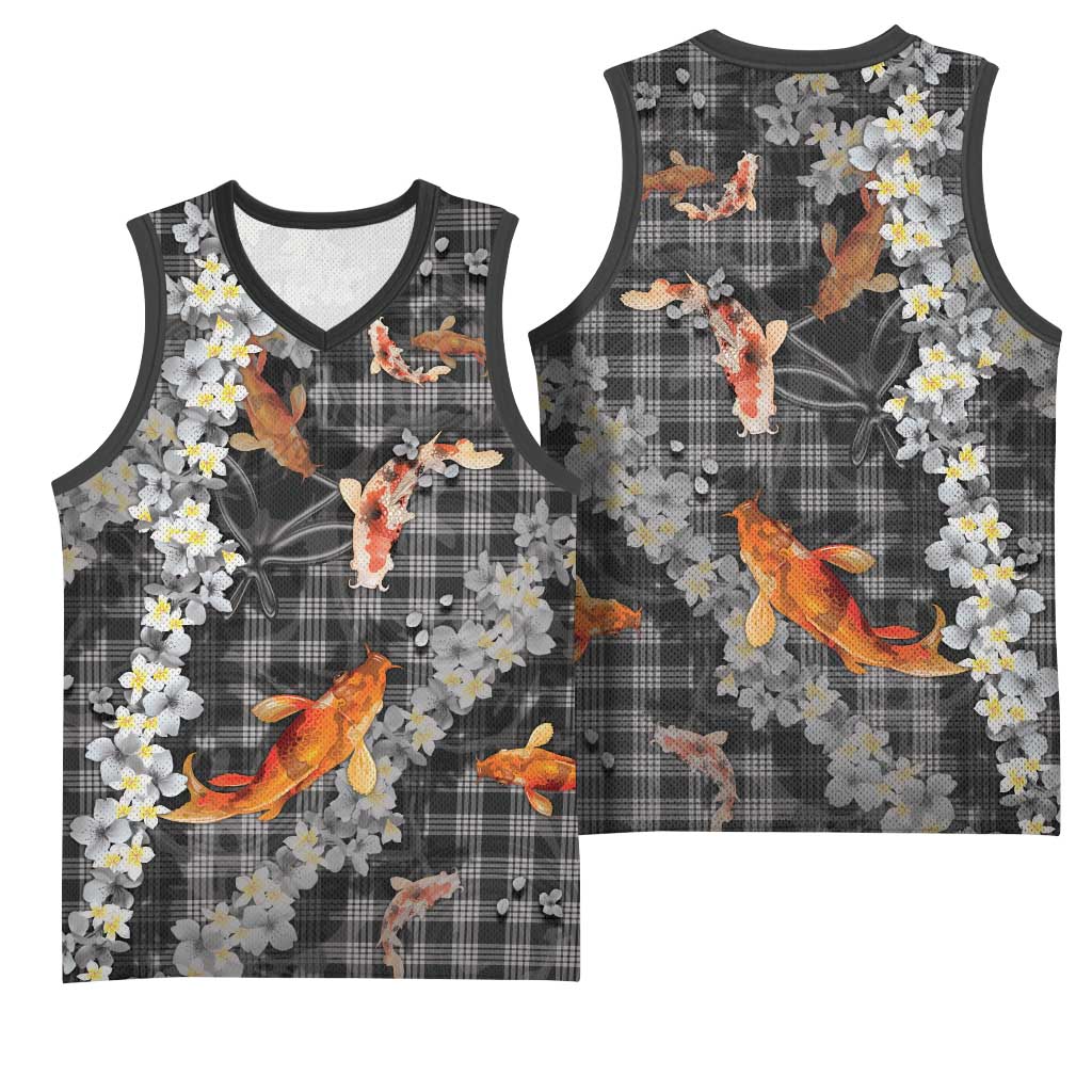 Black Palaka Hawaiian And Japanese Basketball Jersey Sakura Lei With Koi Fish DT05 - Polynesian Pride