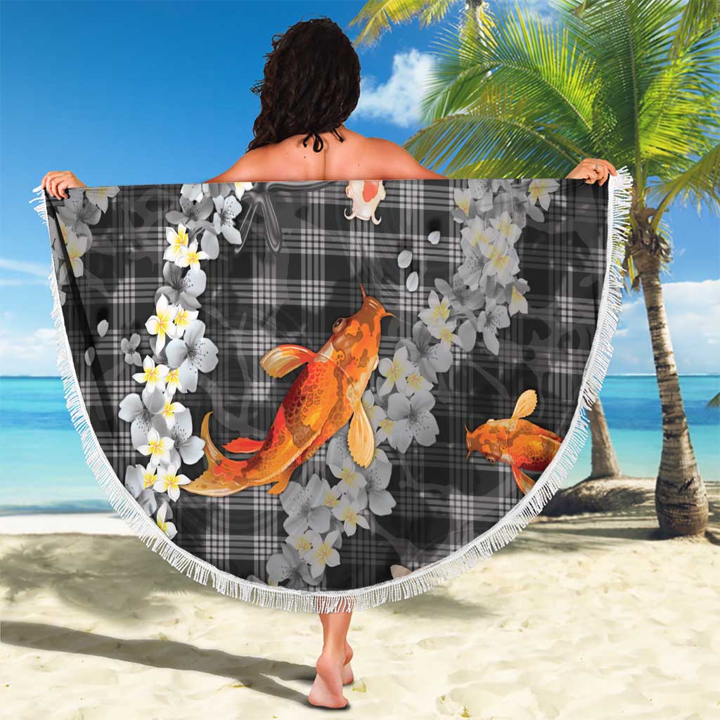 Black Palaka Hawaiian And Japanese Beach Blanket Sakura Lei With Koi Fish - Polynesian Pride