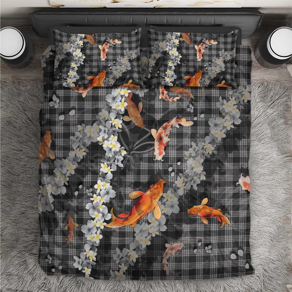 Black Palaka Hawaiian And Japanese Bedding Set Sakura Lei With Koi Fish - Polynesian Pride