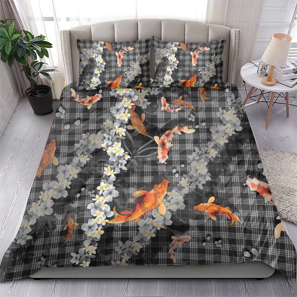 Black Palaka Hawaiian And Japanese Bedding Set Sakura Lei With Koi Fish - Polynesian Pride